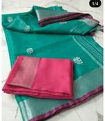 green Handcrafted Linen Saree with small flower embroidery work