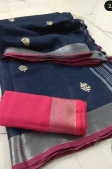 black Handcrafted Linen Saree with small flower embroidery work