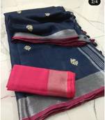 black Handcrafted Linen Saree with small flower embroidery work
