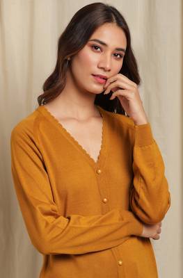 Janasya Janasya Women's Mustard Woolen Cardigan 5
