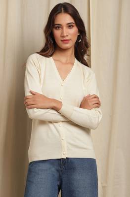 Janasya Janasya Women's Off White Woolen Cardigan 1