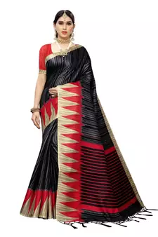 Black printed art silk saree with blouse