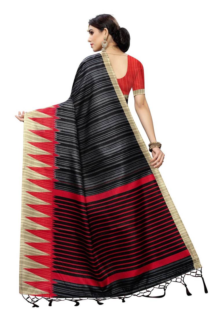 Black printed art silk saree with blouse