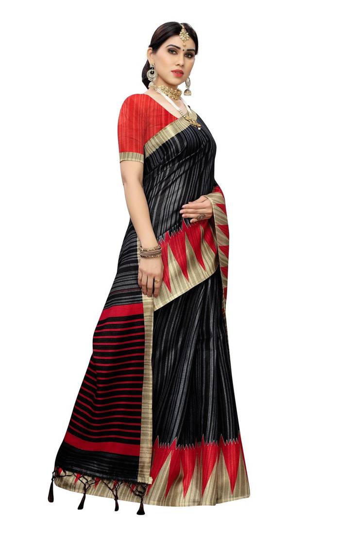 Black printed art silk saree with blouse