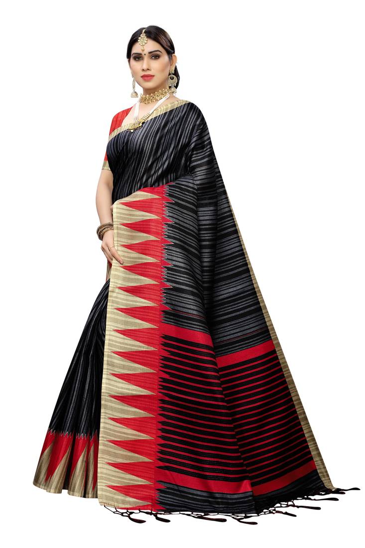 Black printed art silk saree with blouse