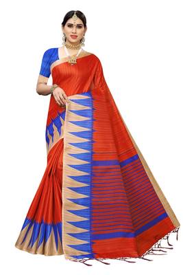 Orange Printed silk blend Saree With Blouse 1