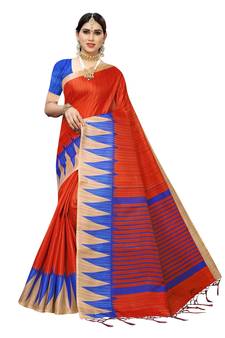 Orange Printed Art silk blend Saree With Blouse