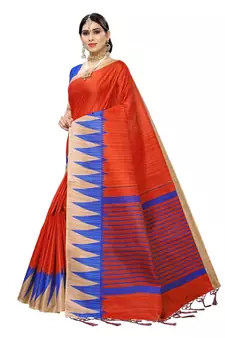 Orange Printed Art silk blend Saree With Blouse