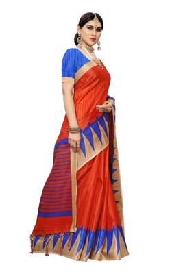 Orange Printed silk blend Saree With Blouse 4