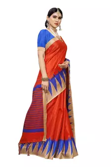 Orange Printed Art silk blend Saree With Blouse