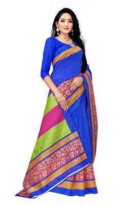 Blue Printed silk blend Saree With Blouse 1