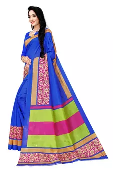 Blue Printed Art silk blend Saree With Blouse