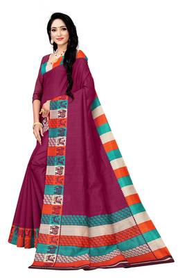 Wine Printed silk blend Saree With Blouse 3