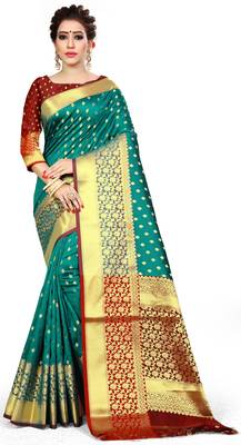 Turquoise hand woven banarasi saree with blouse 1