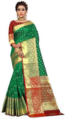 Green hand woven banarasi saree with blouse 1