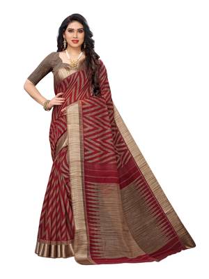 Red printed cotton silk saree with blouse 1
