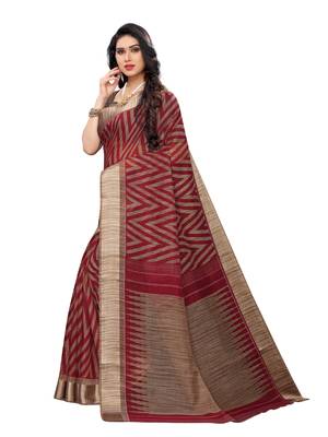 Red printed cotton silk saree with blouse 2