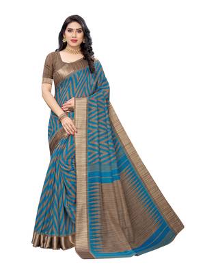 Blue printed cotton silk saree with blouse 1