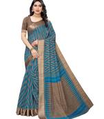 Blue printed cotton silk saree with blouse