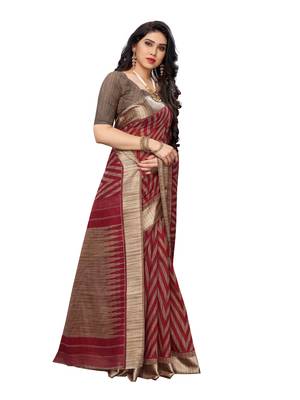 Red printed cotton silk saree with blouse 4