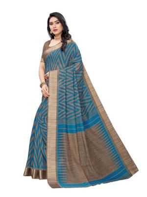 Blue printed cotton silk saree with blouse 2