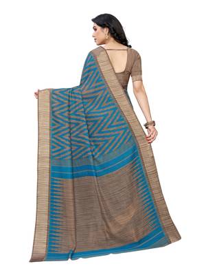 Blue printed cotton silk saree with blouse 3