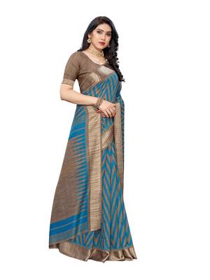 Blue printed cotton silk saree with blouse 4