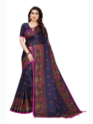 Navy blue printed jute saree with blouse 1
