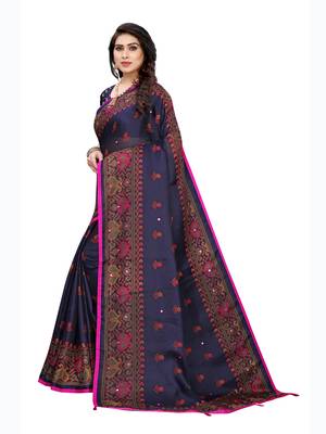Navy blue printed jute saree with blouse 2