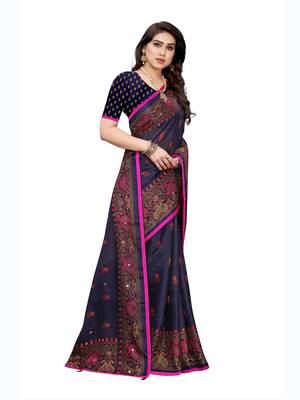 Navy blue printed jute saree with blouse 3