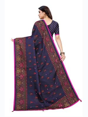 Navy blue printed jute saree with blouse 4