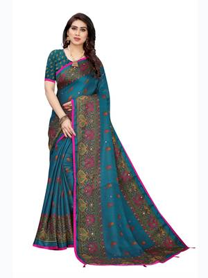 Blue printed jute saree with blouse 1