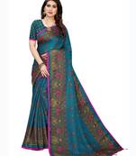 Blue printed jute saree with blouse