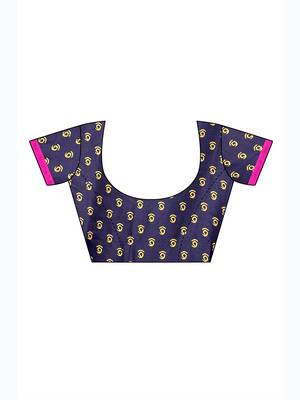 Navy blue printed jute saree with blouse 5
