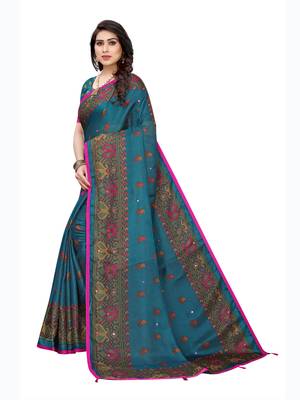 Blue printed jute saree with blouse 2