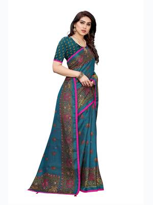 Blue printed jute saree with blouse 3