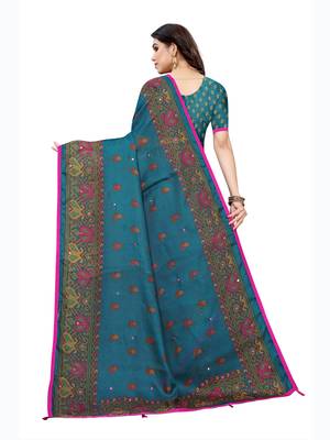 Blue printed jute saree with blouse 4