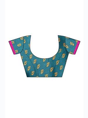 Blue printed jute saree with blouse 5