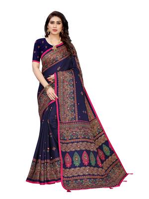 Dark blue printed jute saree with blouse 1
