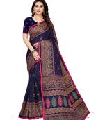 Dark blue printed jute saree with blouse