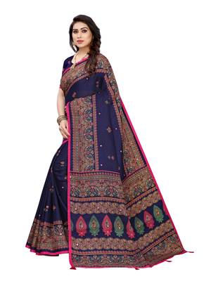 Dark blue printed jute saree with blouse 2