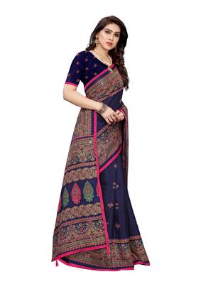Dark blue printed jute saree with blouse 3