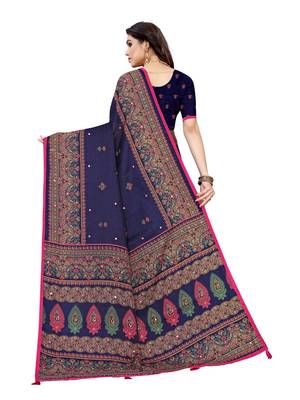 Dark blue printed jute saree with blouse 4