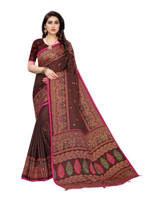 Brown printed jute saree with blouse 1