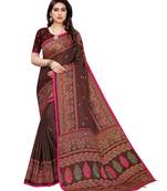 Brown printed jute saree with blouse