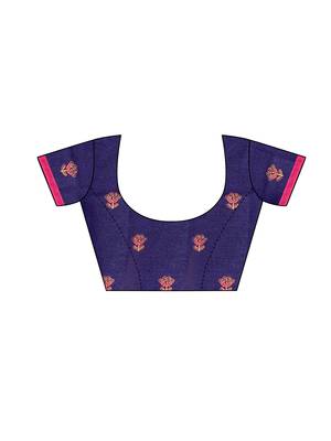 Dark blue printed jute saree with blouse 5