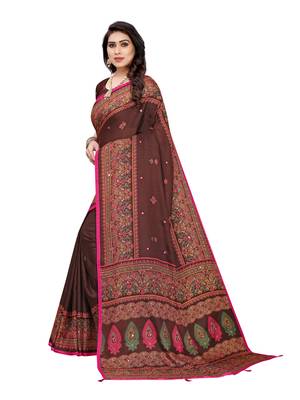 Brown printed jute saree with blouse 2