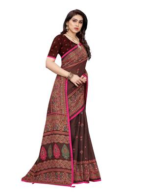 Brown printed jute saree with blouse 3