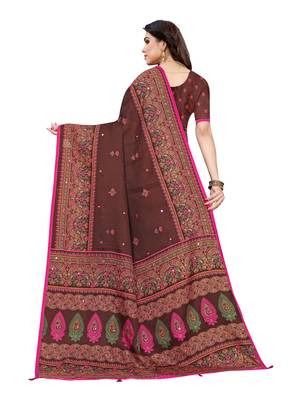 Brown printed jute saree with blouse 4