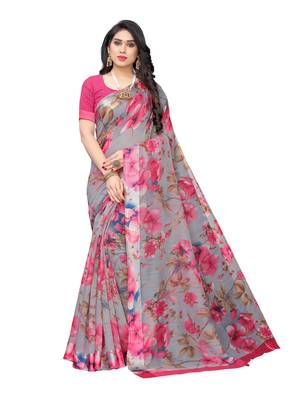 Grey printed cotton silk saree with blouse 1